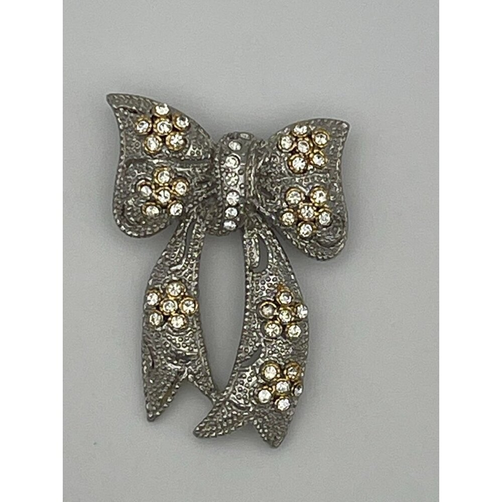 Vintage Bow Brooch Silver Tone Clear Rhinestones In Gold Tone Accents